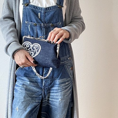 3way♡がま口ミニショルダーバッグ：軽量／インディゴデニム／斜めがけ