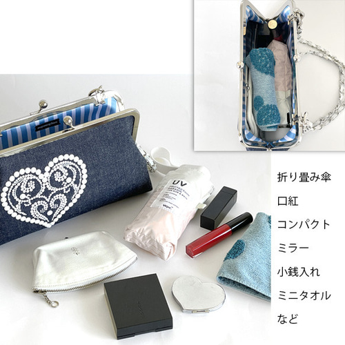 3way♡がま口ミニショルダーバッグ：軽量／インディゴデニム／斜めがけ