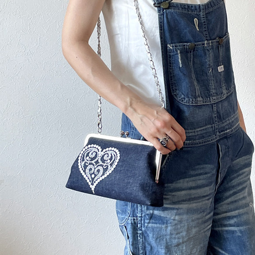 3way♡がま口ミニショルダーバッグ：軽量／インディゴデニム／斜めがけ