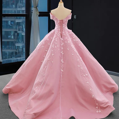 オフショルダー フラワーレース プリンセスドレス ピンク カラー オフショルダー フラワーレース プリンセスドレス ピンク カラー