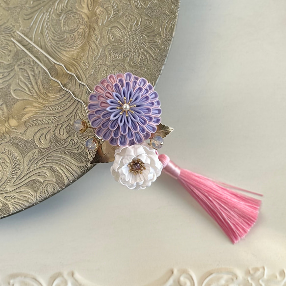 小ぶりな桃藤小菊簪 ピンクタッセル 紫 ラベンダー かんざし 髪