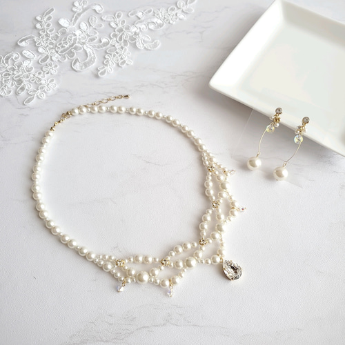 レース風パールネックレス（ピアスorイヤリング）2点セット  