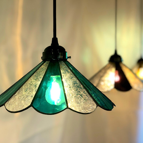 ペンダントライト 傘型（ペールグリーンアクア&フロレンティンクリアー