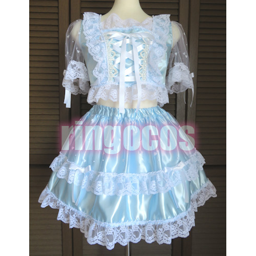 アイドル衣装 水色×白 ハート 編み上げリボン オリジナル ハンドメイド コスプレ衣装 ステージ衣装 コンカフェ