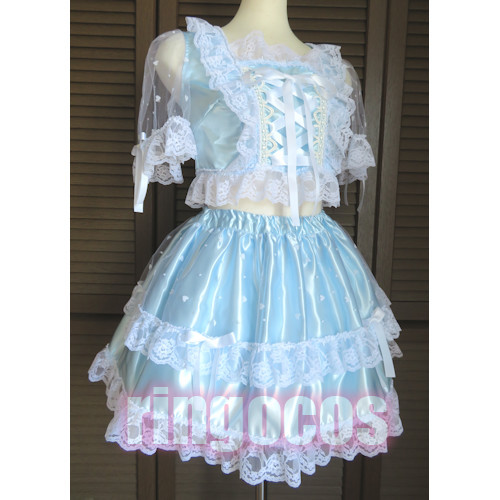 アイドル衣装 水色×白 編み上げリボン ハンドメイド オリジナル コスプレ衣装 アイドル衣装 水色×白 ハート 編み上げリボン オリジナル