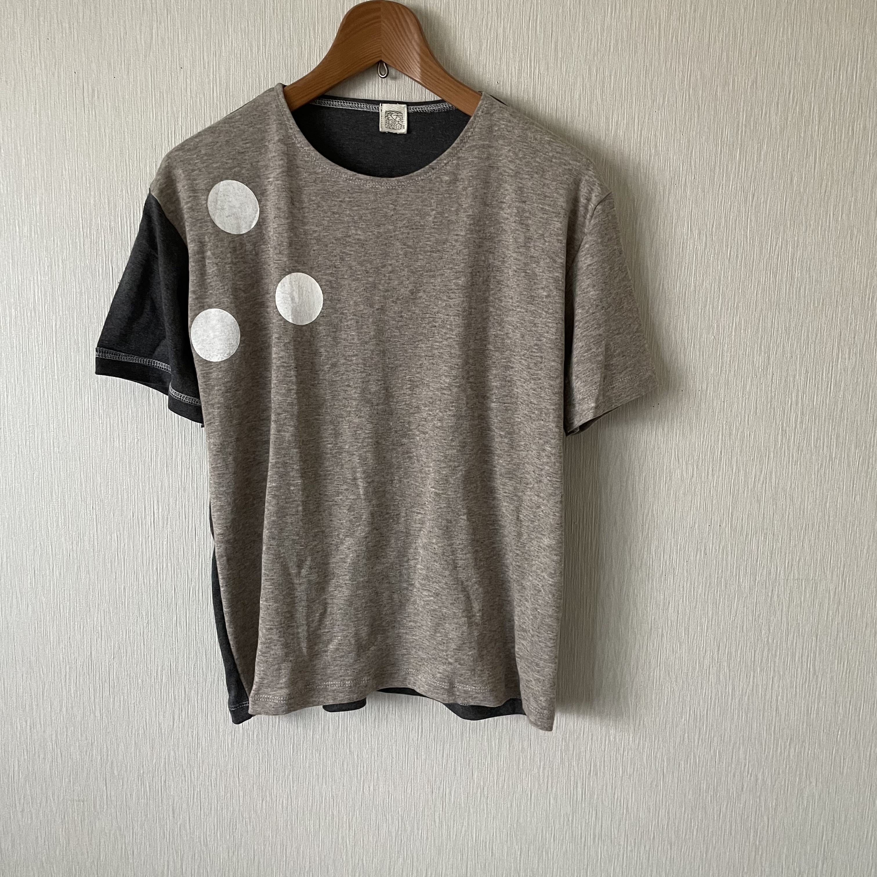 水玉プリント切替Tシャツ　杢ベージュ×杢グレーF