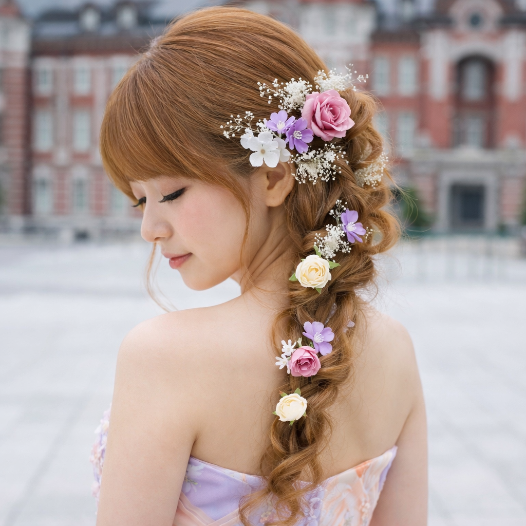 かすみ草　ローズ　ヘッドドレス　ブライダル　ウエディング　ラプンツェルヘア　前撮り　成人式髪飾り　結婚式　卒業式　和装