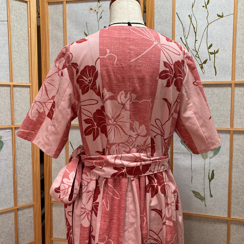 ☆浴衣リメイク☆ カシュクールワンピース (半袖／ピンク／朝顔と