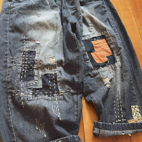 アンティーク調パッチワーク襤褸ゆったり男女通用パンツ