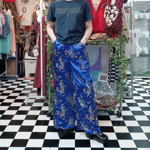 龍×鳳凰 チャイナワイドパンツ:ブルー キュロット・ワイドパンツ