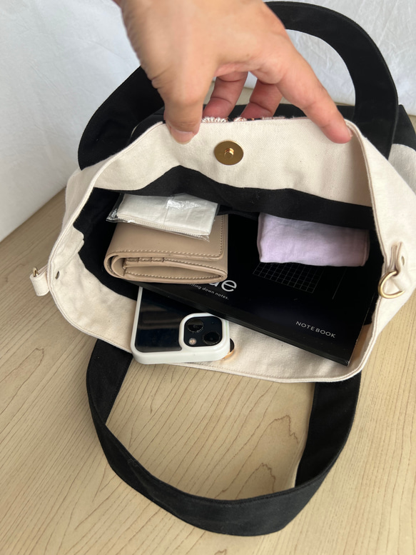 大人かわいい帆布トートバッグインド刺繍リボントートバッグ　ココア×ホワイト 17枚目の画像