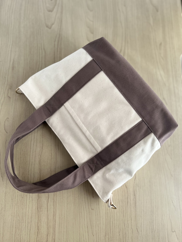 大人かわいい帆布トートバッグインド刺繍リボントートバッグ　ココア×ホワイト 5枚目の画像