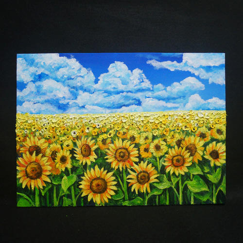 油絵 油彩 油彩画 絵 絵画【夕日のひまわり畑】 油絵 油彩 油彩画 絵 絵画 【海のひまわり畑】【B4】 | HIROSHI1990