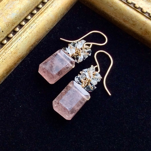 14kgf ストロベリークォーツとハーキマーダイヤモンドのピアス ピアス  