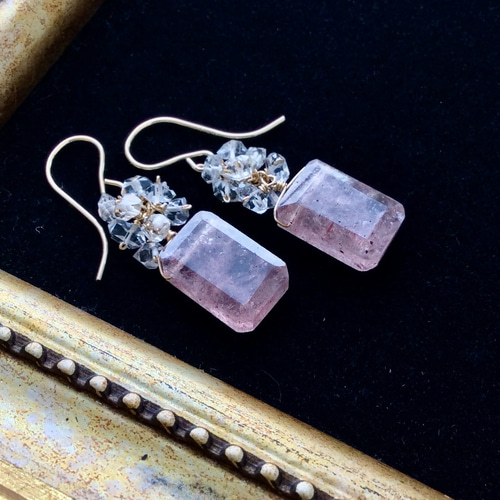 14kgf ストロベリークォーツとハーキマーダイヤモンドのピアス ピアス  