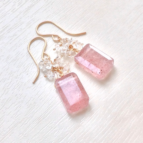 14kgf ストロベリークォーツとハーキマーダイヤモンドのピアス ピアス  