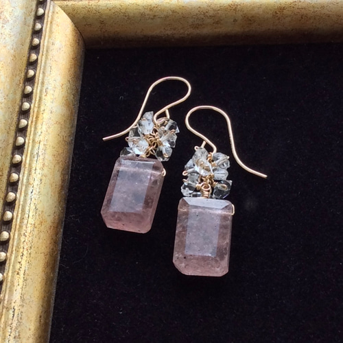 14kgf ストロベリークォーツとハーキマーダイヤモンドのピアス ピアス  