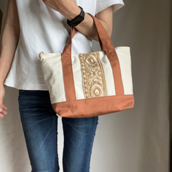 大人かわいい帆布トート インド刺繍リボントートバッグ オレンジ