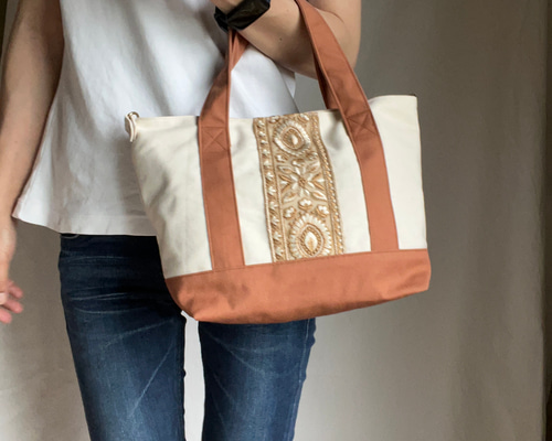 大人かわいい帆布トート インド刺繍リボントートバッグ オレンジ