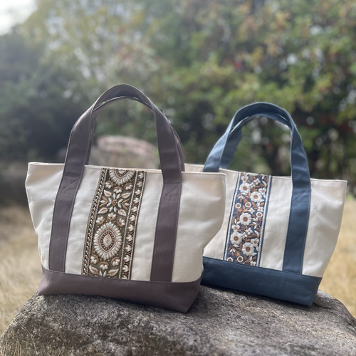 大人かわいい帆布トート インド刺繍リボントートバッグ ブルー