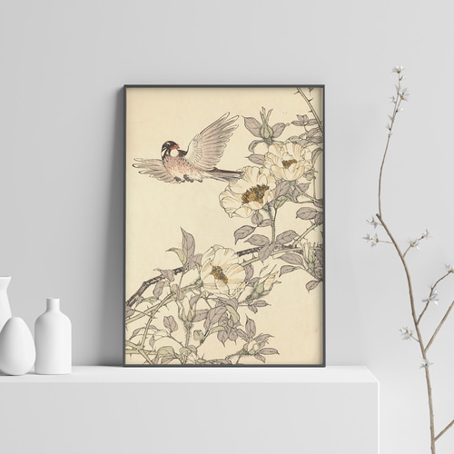 鳥と花の日本画 大判 日本画 花と鳥の絵（額絵 日本画[花鳥画]秋飾り 【紅葉】 [F4