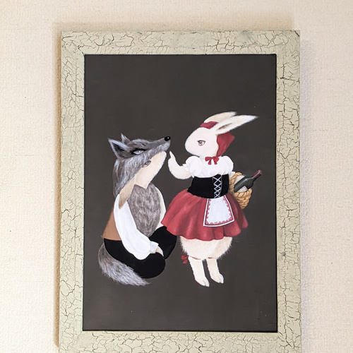 在庫あり。油絵 絵画 原画『オオカミと赤ずきん』 c820635e0d7b7e3b496c9027f1b5d9