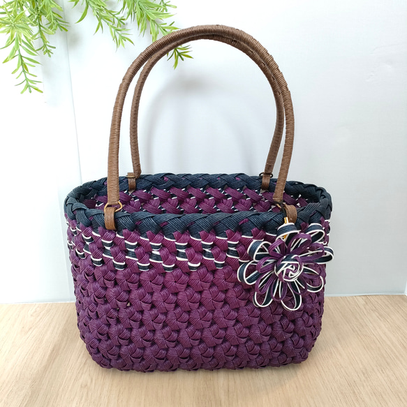 花編みかごバッグM 紫柄入 クラフトバンド かごバッグ 野々太郎 通販