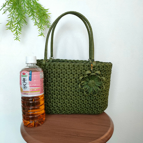 花編みかごバッグ小花M モスグリーン クラフトバンド かごバッグ 野々 