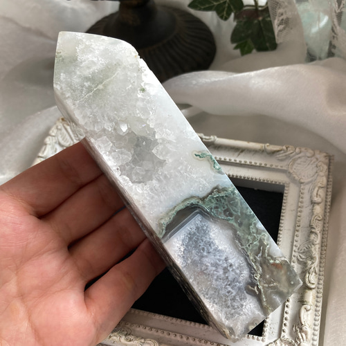 超希少】モスアゲート、水晶、共生彫刻