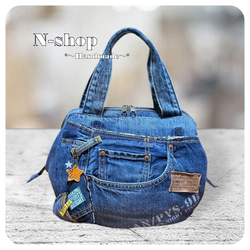 ☆デニムリメイク☆ワイヤー口金*ラウンドバッグ(大)❥ハンドメイド