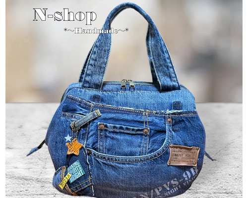 ☆デニムリメイク☆ワイヤー口金*ラウンドバッグ(大)❥ハンドメイド