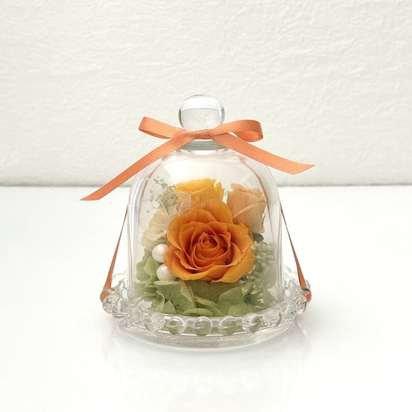 オレンジのプリザーブドローズ ガラスドーム入り