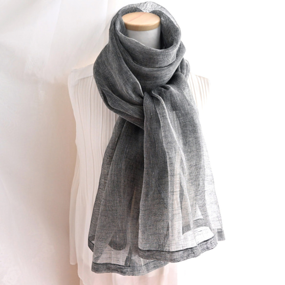 アソースメレ　リネン100% ブラック ストール フリーサイズ ASAUCE MELER / アソースメレ LINEN SILK ストール（ストール