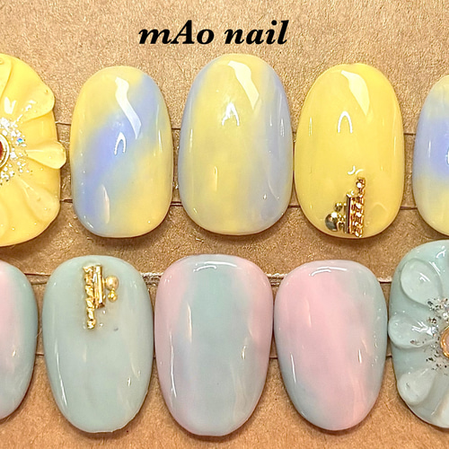 サイズオーダー制】ネイルチップ/ぷっくりフラワー/夏ネイル ネイル  