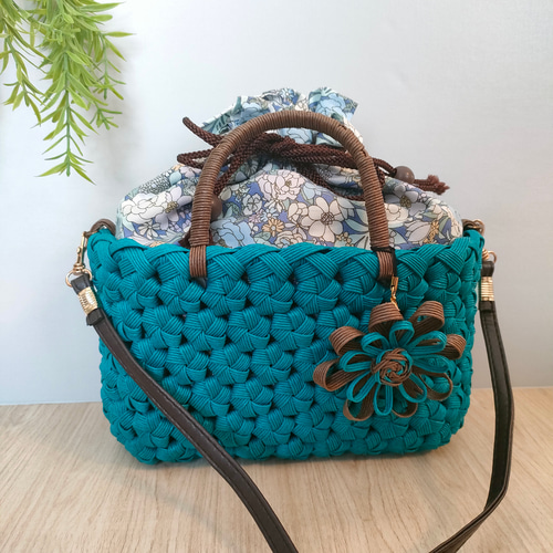 花編み斜めがけかごバッグS ターコイズブルー クラフトバンド かご