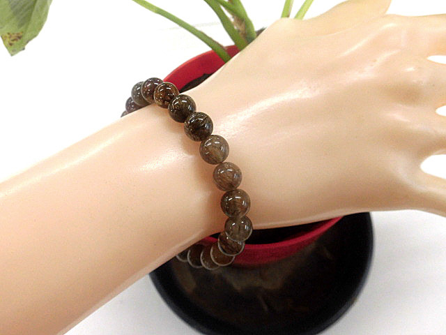 天然石 銅針ルチルクォーツ8.1mm～8.8mm玉ブレスレット 内周18.3cm 240101616