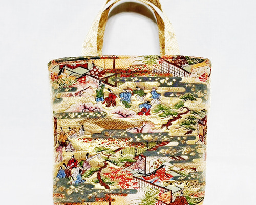 ハンドメイド　西陣織金襴 金糸 ラメ糸ハンド バッグ バンブー 持ち手 #594 ハンドメイド 西陣織金襴 金糸 ラメ糸ハンド バッグ バンブー 持ち手