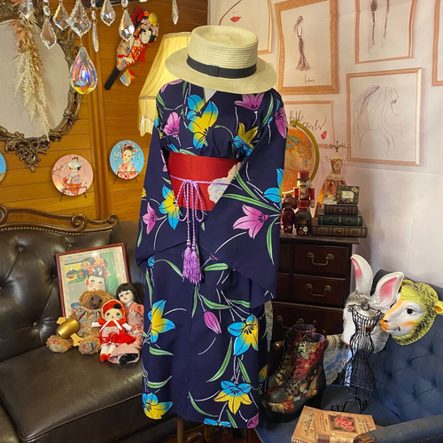桔梗系 百合の花 浴衣リメイクワンピース 桔梗系 百合の花 浴衣リメイクワンピース - メルカリ
