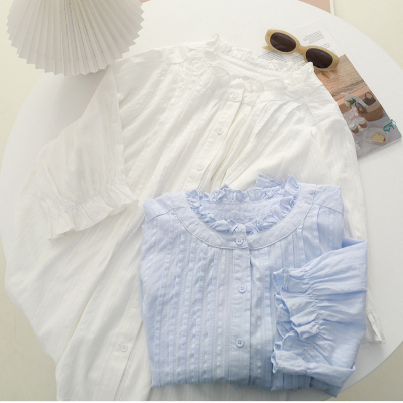 夏トップス     開襟  ブラウス  五分袖  バンドカラー   ブルー  ホワイト  全2色