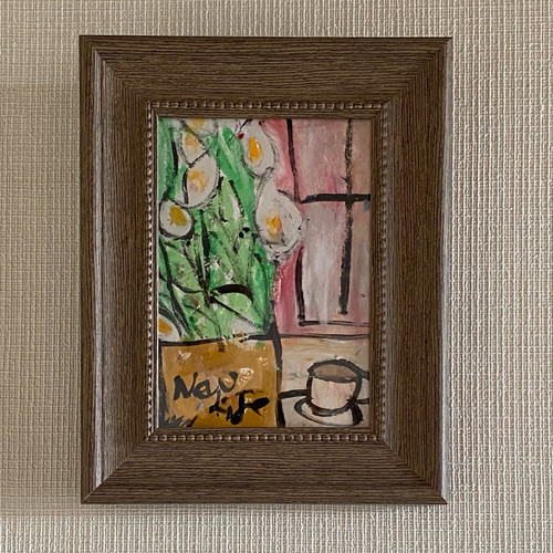 絵画。原画【コーヒーカップの熊ちゃんは喜んでコーヒーを飲み