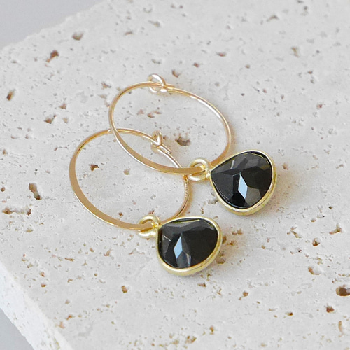 2WAY】マロンカットの天然石フープピアス ムーンストーン、ブラック  