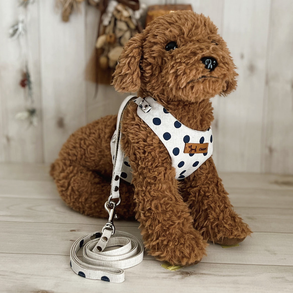 再販【SS-L】coolハーネス＆リードset（ドット：キナリ×紺）／コットンリネン／小型犬／名入れ可／保冷剤 2枚目の画像