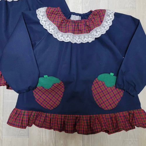 80～150size いちごポケット タータンチェック 赤 襟裾フリル