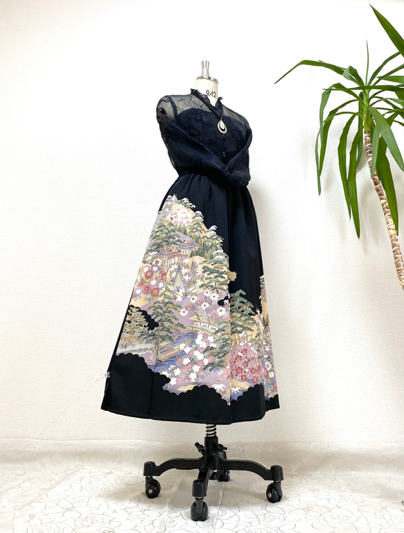 着物リメイクギャザーロングスカート - kimono elastic waist