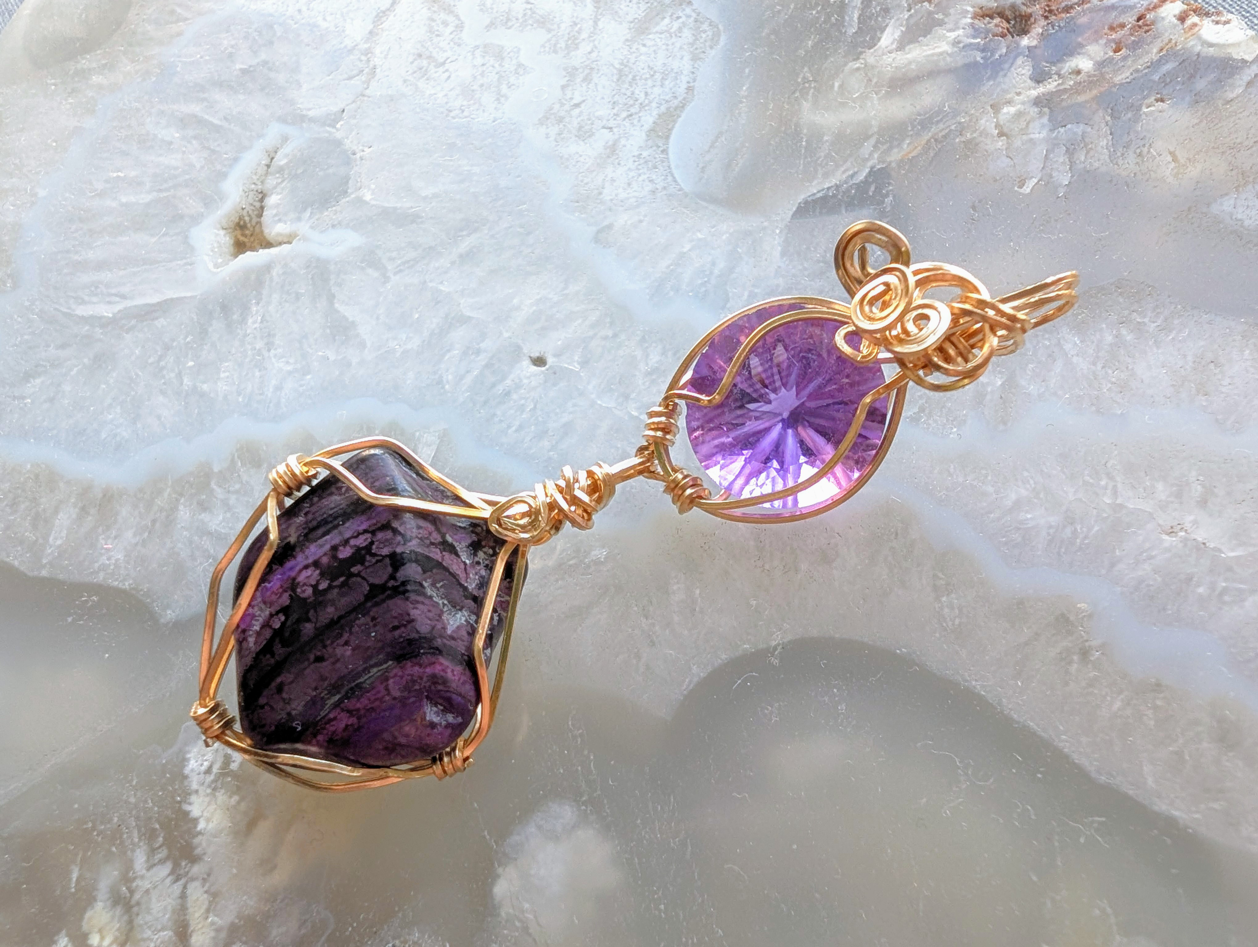 14kgf スギライト アメシスト 水晶 ゴールドフィルド ワイヤー  ペンダント