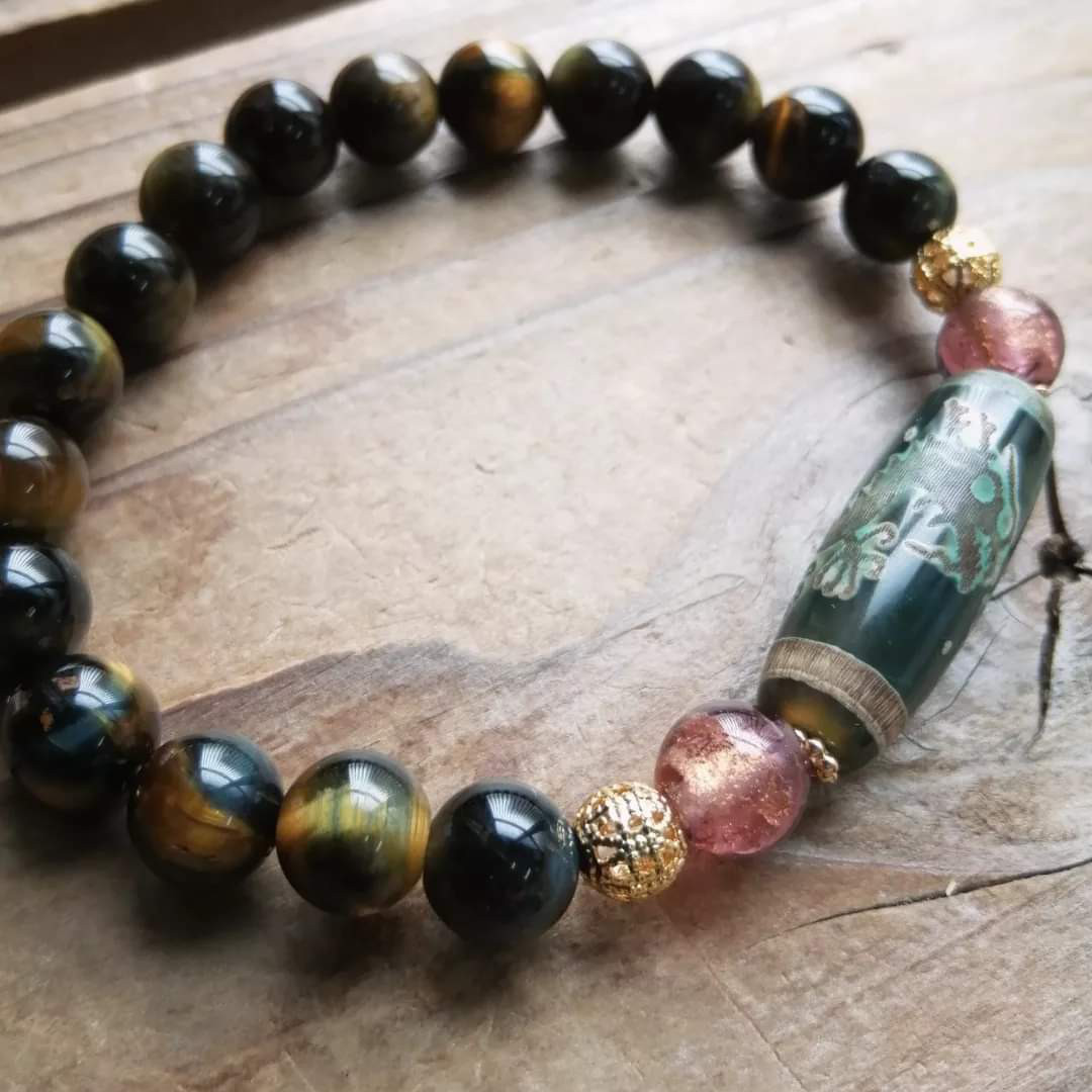 ◆タイガー＆ドラゴンのブレスレット 9000円（送料無料） 龍神天珠30×10mm 天然カラータイガーアイ8mm