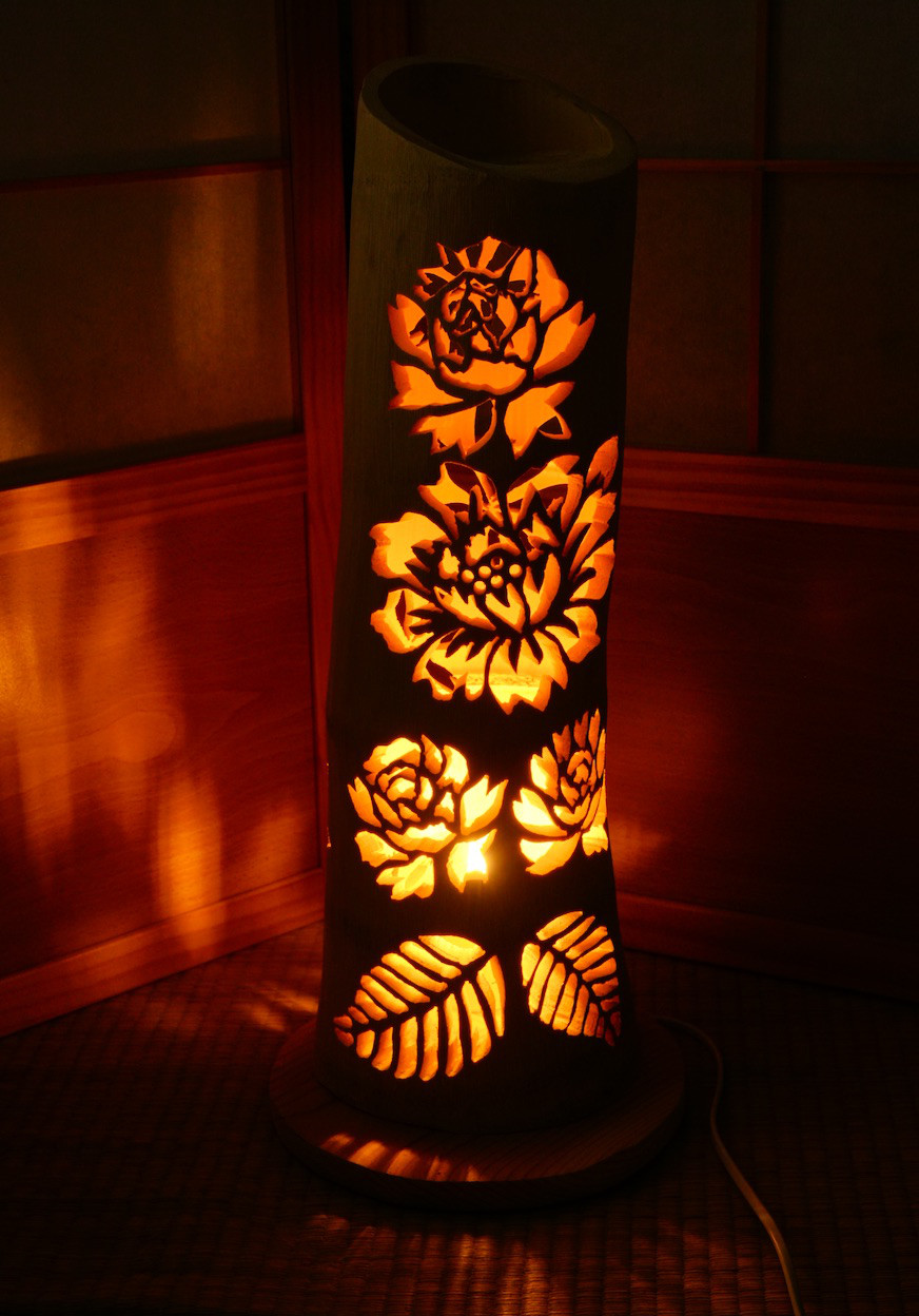 ◆全面彫◆竹灯り・竹あかり・竹灯籠　 ～～ 癒しの灯り　★牡丹灯★～～