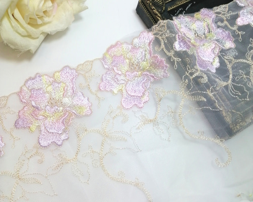 1.3m ピンク＆黄色い色 花柄刺繍 チュールレース ハンドメイド