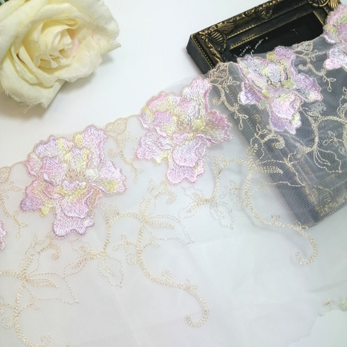 1m ピンク＆黄色い色 花柄刺繍 チュールレース ハンドメイド 生地 手芸