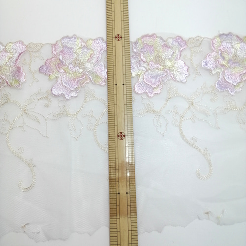 1m ピンク＆黄色い色 花柄刺繍 チュールレース ハンドメイド 生地 手芸